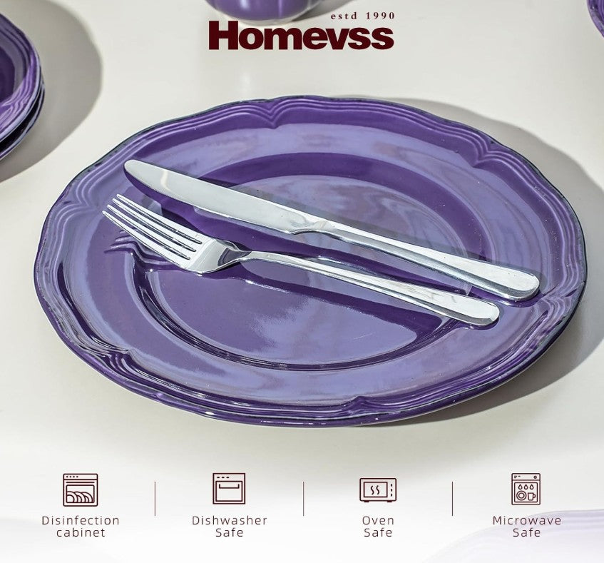 Lifestyle image of the French Countryside Antique Purple Stoneware Dinnerware Set arranged beautifully on a dining table.