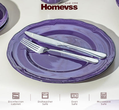 Lifestyle image of the French Countryside Antique Purple Stoneware Dinnerware Set arranged beautifully on a dining table.