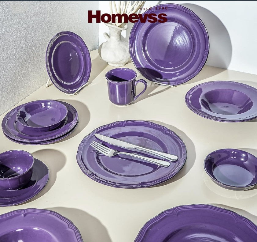 Close-up of the embossed pearl dot design on the French Countryside Antique Purple Stoneware Dinnerware Set.