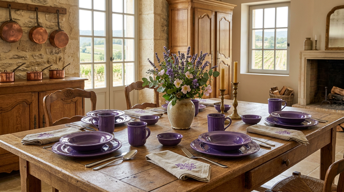 Full set display of the French Countryside Antique Purple Stoneware Dinnerware Set, highlighting its vintage appeal.