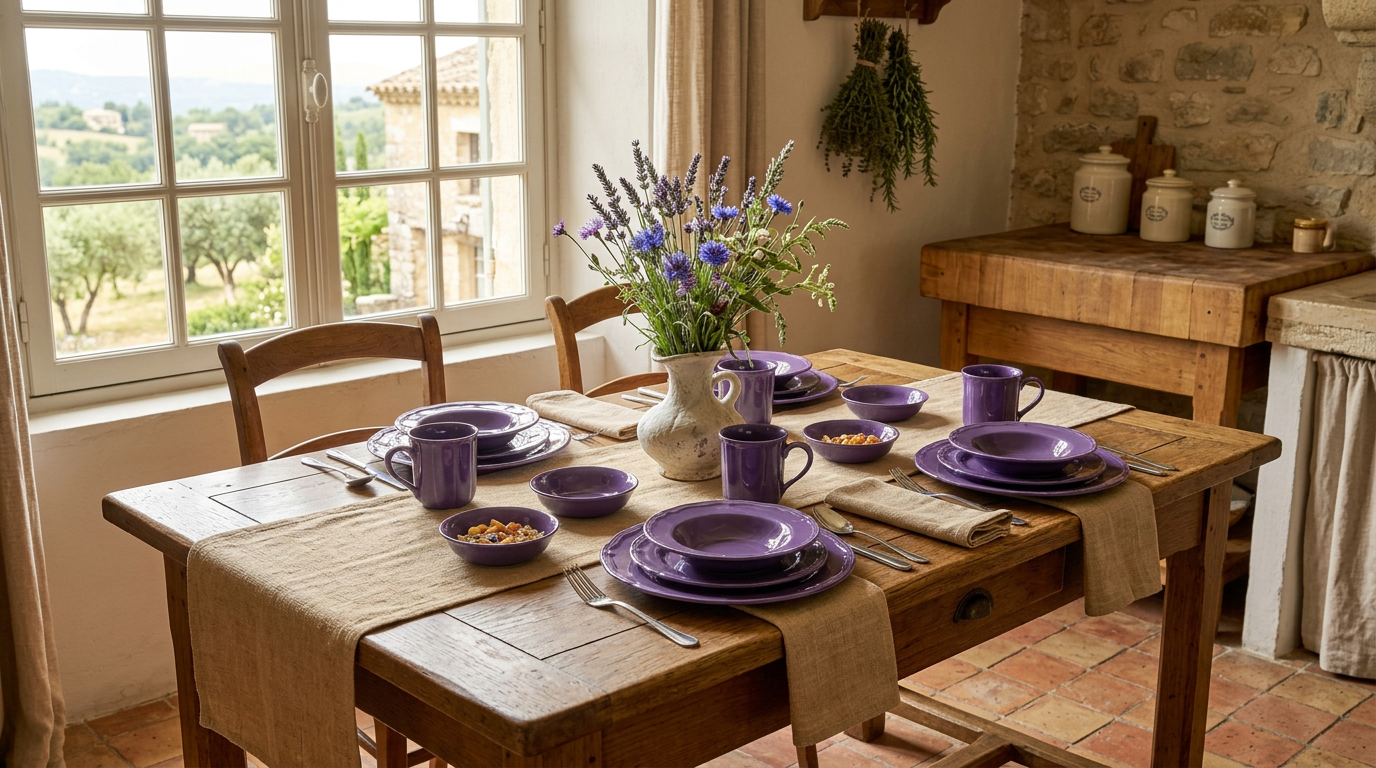Elegant image of the French Countryside Antique Purple Stoneware Dinnerware Set perfect for everyday use and special occasions.