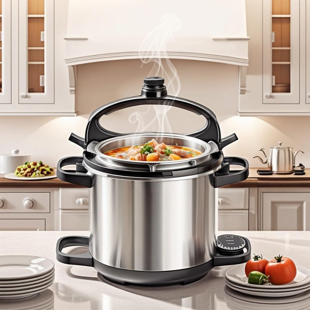Close-up of the locking mechanism on the 23Qt Pressure Canner with Gauge ensuring safety.