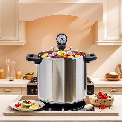 Multi-purpose use of the 23Qt Pressure Canner with Gauge for canning, steaming, and boiling.