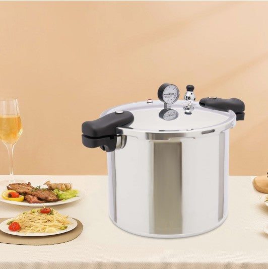 Display of neatly stacked mason jars alongside the 23Qt Pressure Canner with Gauge for Pinterest-ready aesthetics.