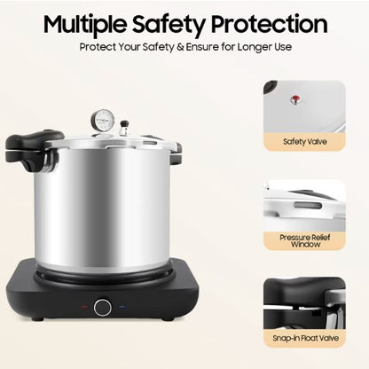 Batch cooking made easy with the lightweight design of the 23Qt Pressure Canner with Gauge.