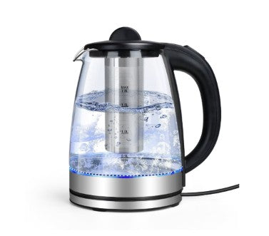 2L Borosilicate Glass Electric Tea Kettle with Infuser, Blue LED & Auto Shutoff — stylish 2-liter glass electric kettle for home use
