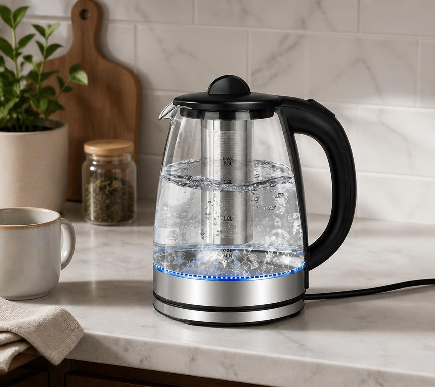 2L Borosilicate Glass Electric Tea Kettle with Infuser, Blue LED & Auto Shutoff — glass electric kettle with clear body and blue LED glow