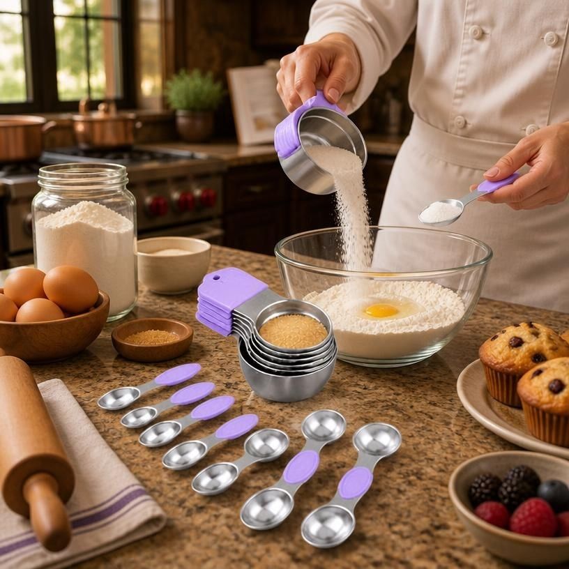 16-Piece Magnetic Measuring Cups and Spoons Set, 304 Stainless Steel with Purple Silicone Handles for cooking and baking