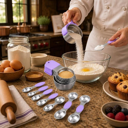 16-Piece Magnetic Measuring Cups and Spoons Set, 304 Stainless Steel with Purple Silicone Handles for cooking and baking
