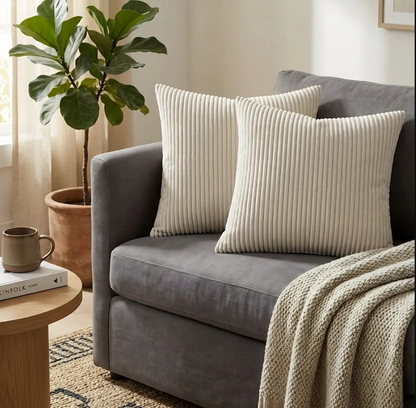 Cozy bedroom setup featuring Cream Corduroy Throw Pillow Covers 18x18 – Soft and comfortable decorative cushions for a serene look.