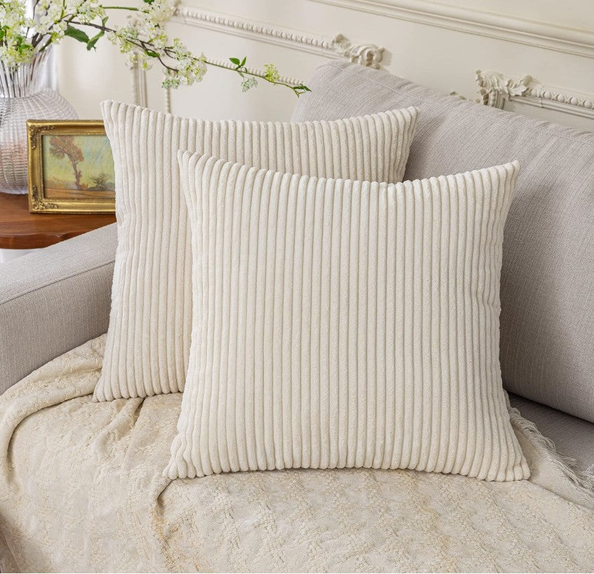 Textured detail of Cream Corduroy Throw Pillow Covers 18x18, emphasizing the soft fabric and cozy feel for decorative use.