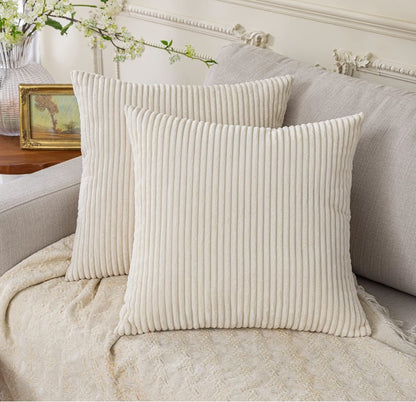 Textured detail of Cream Corduroy Throw Pillow Covers 18x18, emphasizing the soft fabric and cozy feel for decorative use.