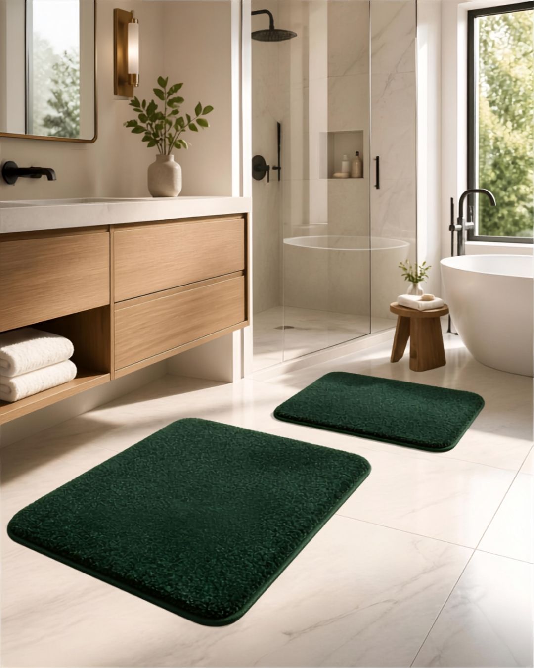 2-Piece Dark Green Microfiber Bath Rug Set showcasing soft, plush texture and absorbent quality.