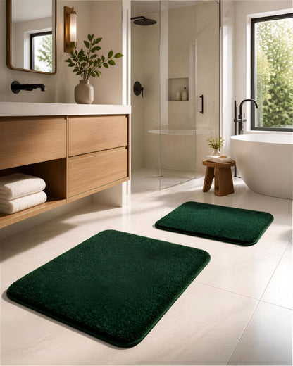 2-Piece Dark Green Microfiber Bath Rug Set featuring a high-pile shaggy texture for ultimate softness.