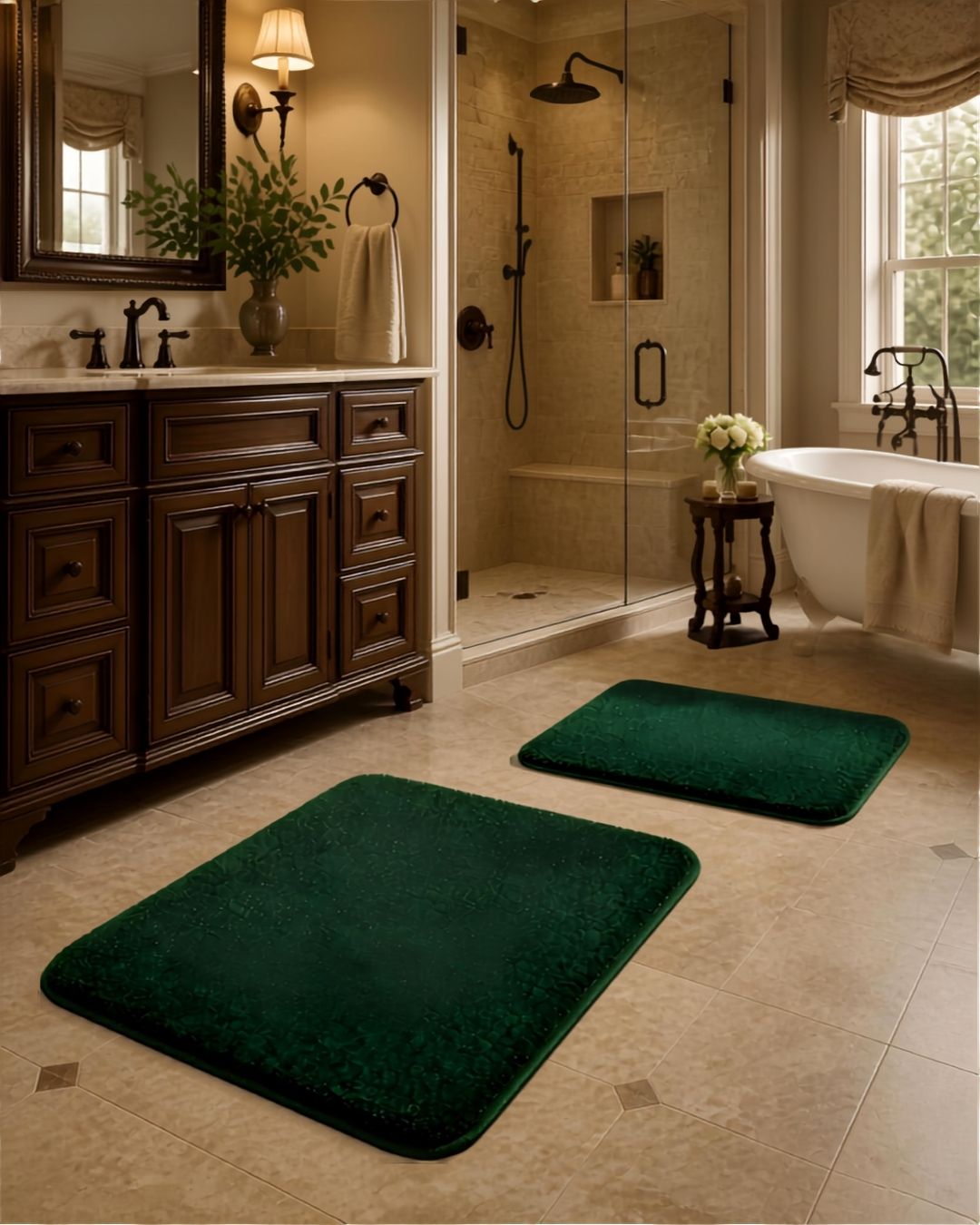 Detailed view of the plush surface of the 2-Piece Dark Green Microfiber Bath Rug Set.