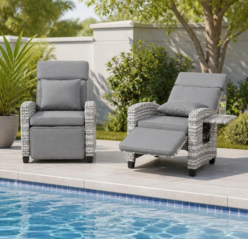 Outdoor Rattan Recliner Chair with Footrest, 145° Adjustable Backrest & Flip-Up Side Table — gray rattan recliner chair with thick seat cushion and headrest pillow