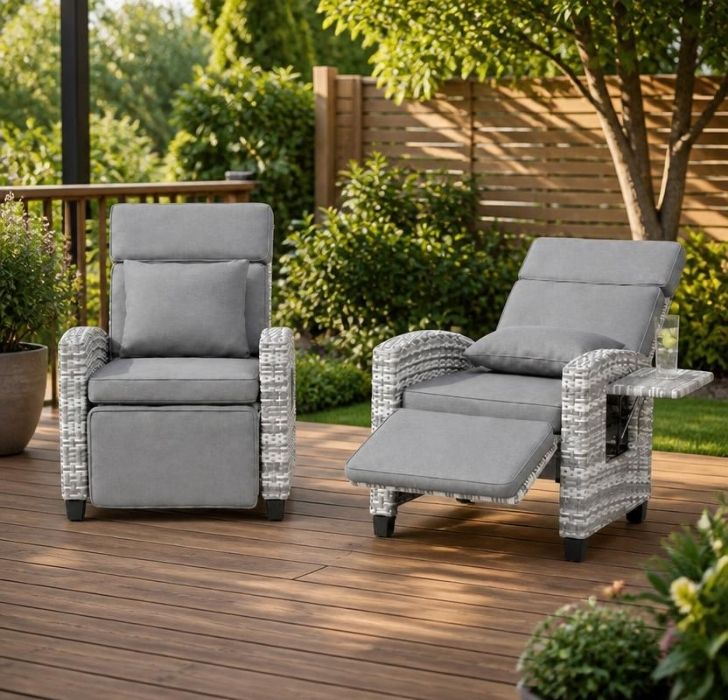 Outdoor Rattan Recliner Chair with Footrest, 145° Adjustable Backrest & Flip-Up Side Table — adjustable rattan recliner chair for reading, relaxing, and sunbathing