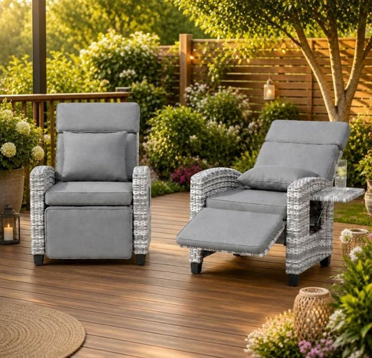 Outdoor Rattan Recliner Chair with Footrest, 145° Adjustable Backrest & Flip-Up Side Table — compact rattan recliner chair for modern outdoor spaces