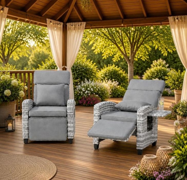 Outdoor Rattan Recliner Chair with Footrest, 145° Adjustable Backrest & Flip-Up Side Table — cushioned rattan recliner chair for patio, porch, balcony, or poolside use