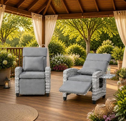 Outdoor Rattan Recliner Chair with Footrest, 145° Adjustable Backrest & Flip-Up Side Table — cushioned rattan recliner chair for patio, porch, balcony, or poolside use