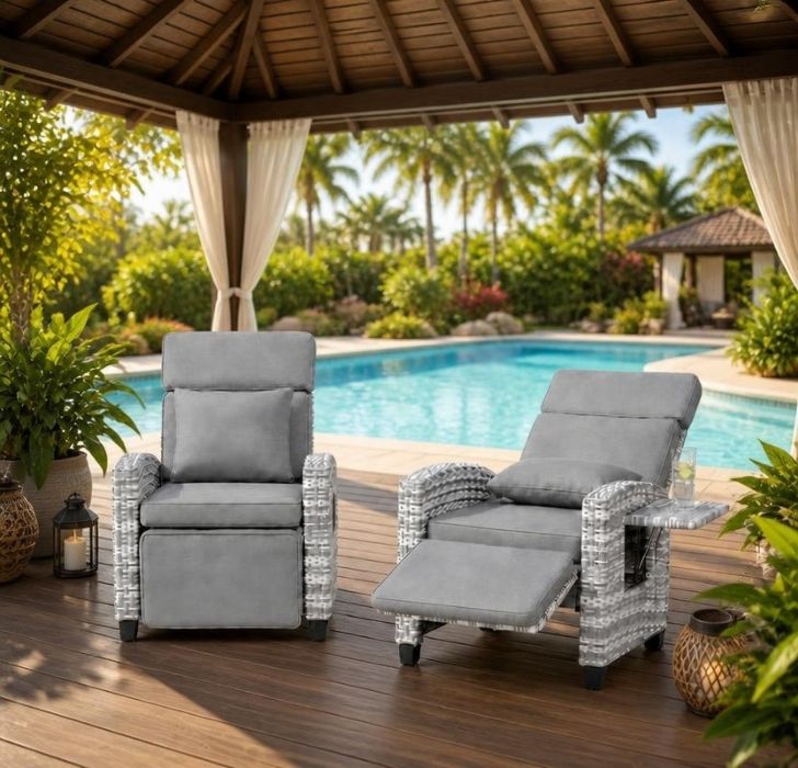 Outdoor Rattan Recliner Chair with Footrest, 145° Adjustable Backrest & Flip-Up Side Table — rattan recliner chair in gray-and-white PE wicker with cushions