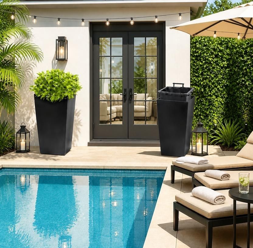 Set of 2 Black 22.5-Inch Self-Watering Tall Square Planters with Water Level Indicator, modern planters with water indicator for indoor and outdoor use
