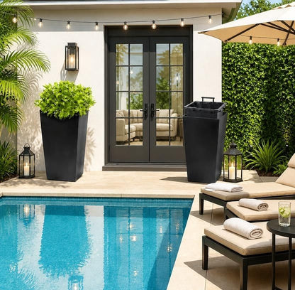 Set of 2 Black 22.5-Inch Self-Watering Tall Square Planters with Water Level Indicator, modern planters with water indicator for indoor and outdoor use