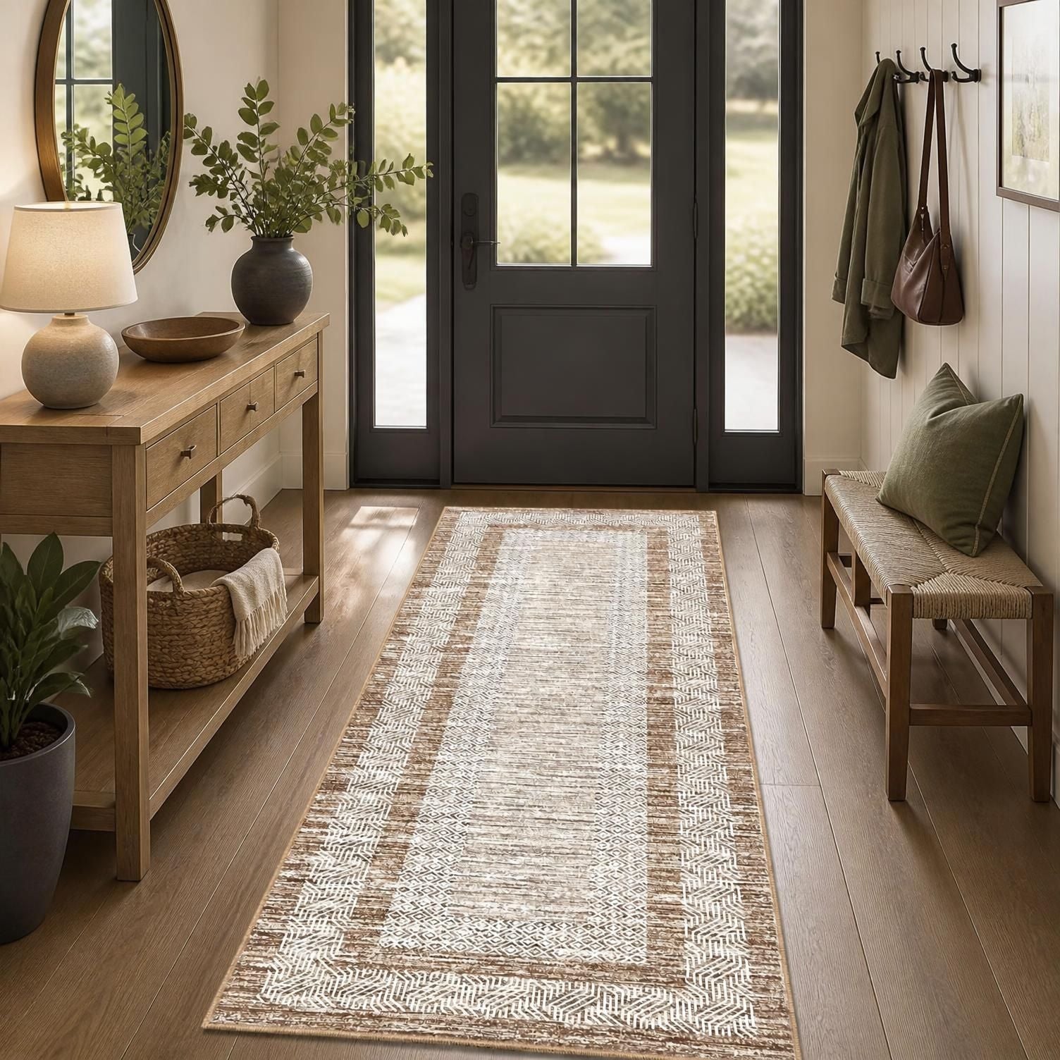 2x6 Brown Geometric Runner Rug, Washable Non-Slip for kitchens, laundry rooms, and busy hallways