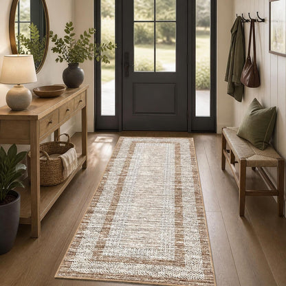 2x6 Brown Geometric Runner Rug, Washable Non-Slip for kitchens, laundry rooms, and busy hallways