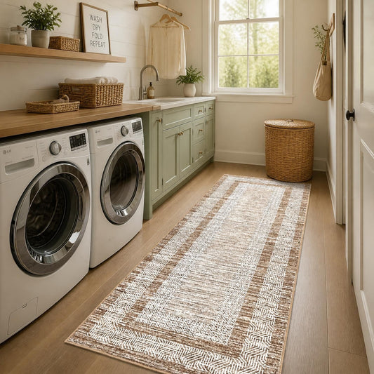 2x6 Brown Geometric Runner Rug, Washable Non-Slip, a stylish 2x6 runner rug for hallways and entryways
