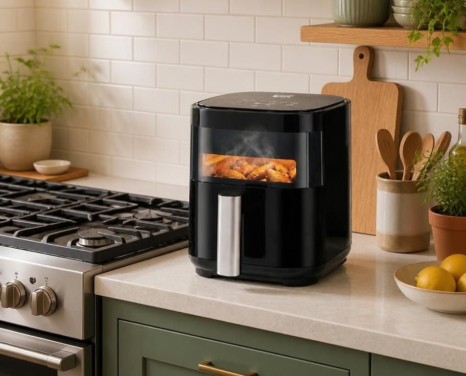 Simple Deluxe 3.2QT Visible Window Air Fryer, 1200W Compact 8-in-1 Touchscreen Air Fryer for Dorms & Apartments with a sleek black finish and countertop-friendly compact air fryer footprint.