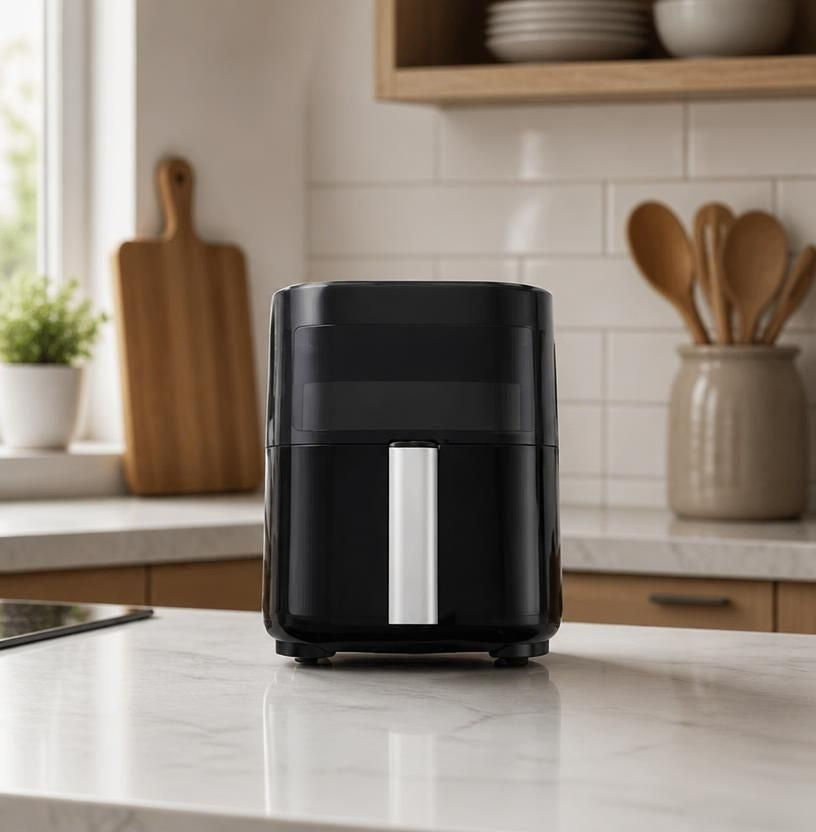Simple Deluxe 3.2QT Visible Window Air Fryer, 1200W Compact 8-in-1 Touchscreen Air Fryer for Dorms & Apartments beside kitchen essentials in a neat compact air fryer countertop setup.