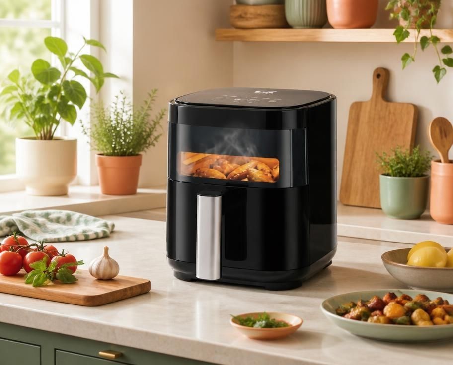 Simple Deluxe 3.2QT Visible Window Air Fryer, 1200W Compact 8-in-1 Touchscreen Air Fryer for Dorms & Apartments in black, featuring a compact air fryer design.