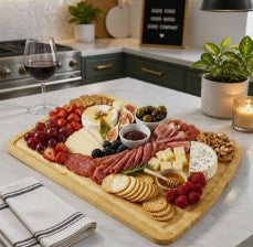 Extra-Large 30 x 20 Inch Bamboo Cutting Board with Juice Groove, Handles & Reversible Butcher Block Design, front product view of a bamboo cutting board