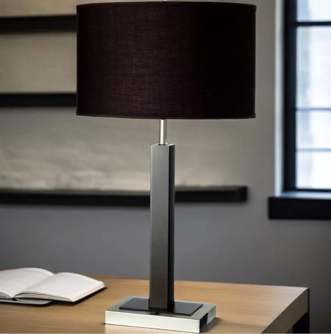 The 30” Modern Black Table Lamp in a stylish bedroom setting, demonstrating its use as a modern black lamp for elegant decor.