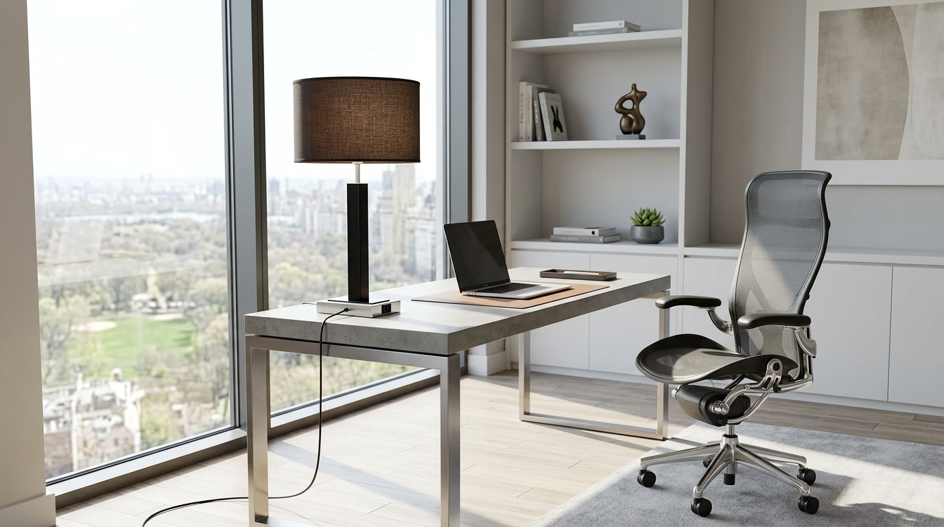 30” Modern Black Table Lamp with Brown Drum Shade - the perfect modern black lamp for your bedroom or living room decor.