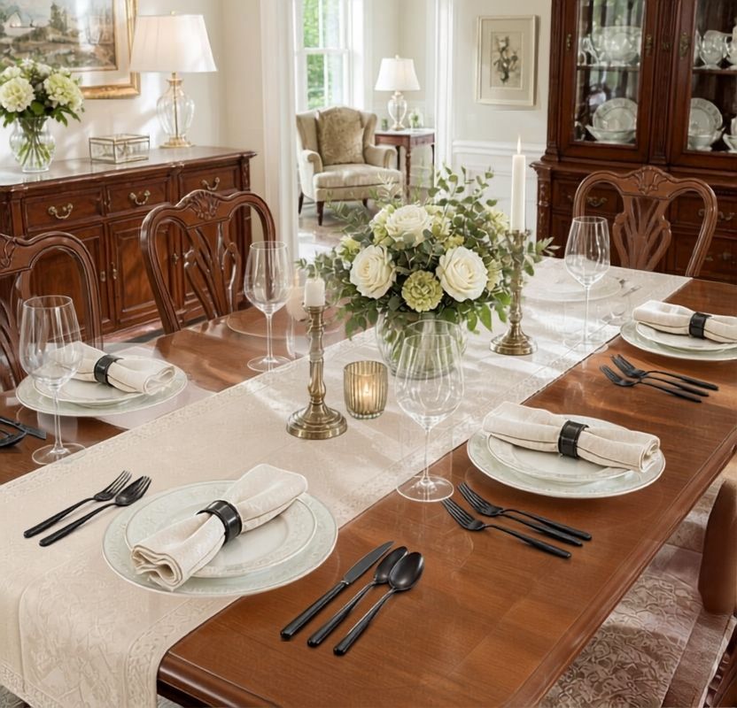 30-Piece Black Stainless Steel Flatware Set, Service for 6 arranged for a polished restaurant-inspired table setting