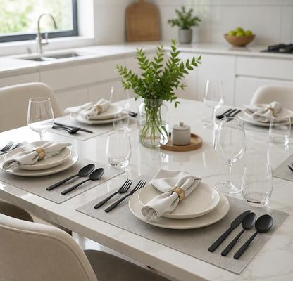 30-Piece Black Stainless Steel Flatware Set, Service for 6, featuring a complete black flatware set for modern dining