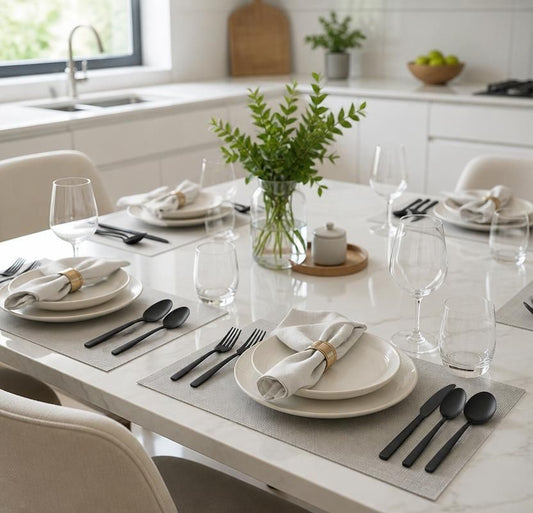 30-Piece Black Stainless Steel Flatware Set, Service for 6, featuring a complete black flatware set for modern dining