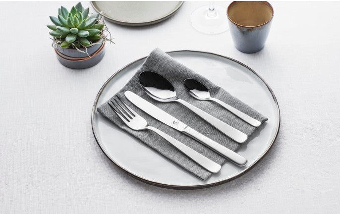 Roseland 30-Piece Polished Stainless Steel Cutlery Set for 6, Dishwasher Safe stainless steel cutlery set displayed as a complete table setting