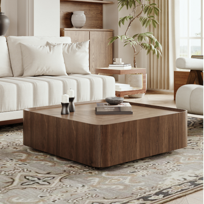 Mid Century Walnut Coffee Table – 35" Square Engineered Wood Modern Living Room Centerpiece with Hidden Storage paired with mid-century decor elements.