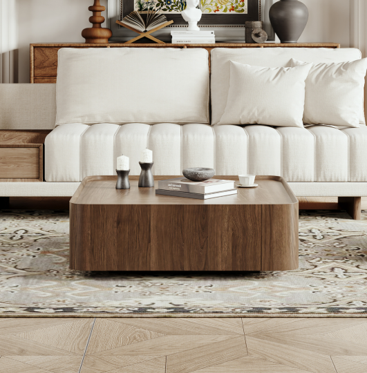 Mid Century Walnut Coffee Table – 35" Square Engineered Wood Modern Living Room Centerpiece with Hidden Storage displaying spacious tabletop and concave top edge.