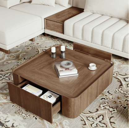 Mid Century Walnut Coffee Table – 35" Square Engineered Wood Modern Living Room Centerpiece with Hidden Storage featuring built-in drawers for tidy storage.