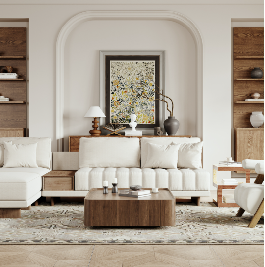 Mid Century Walnut Coffee Table – 35" Square Engineered Wood Modern Living Room Centerpiece with Hidden Storage in a cozy living room setting.