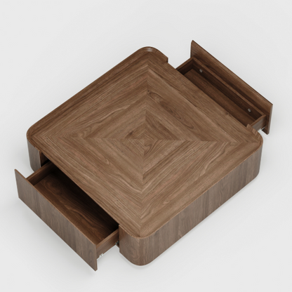 Mid Century Walnut Coffee Table – 35" Square Engineered Wood Modern Living Room Centerpiece with Hidden Storage emphasizing its unique grain variation.