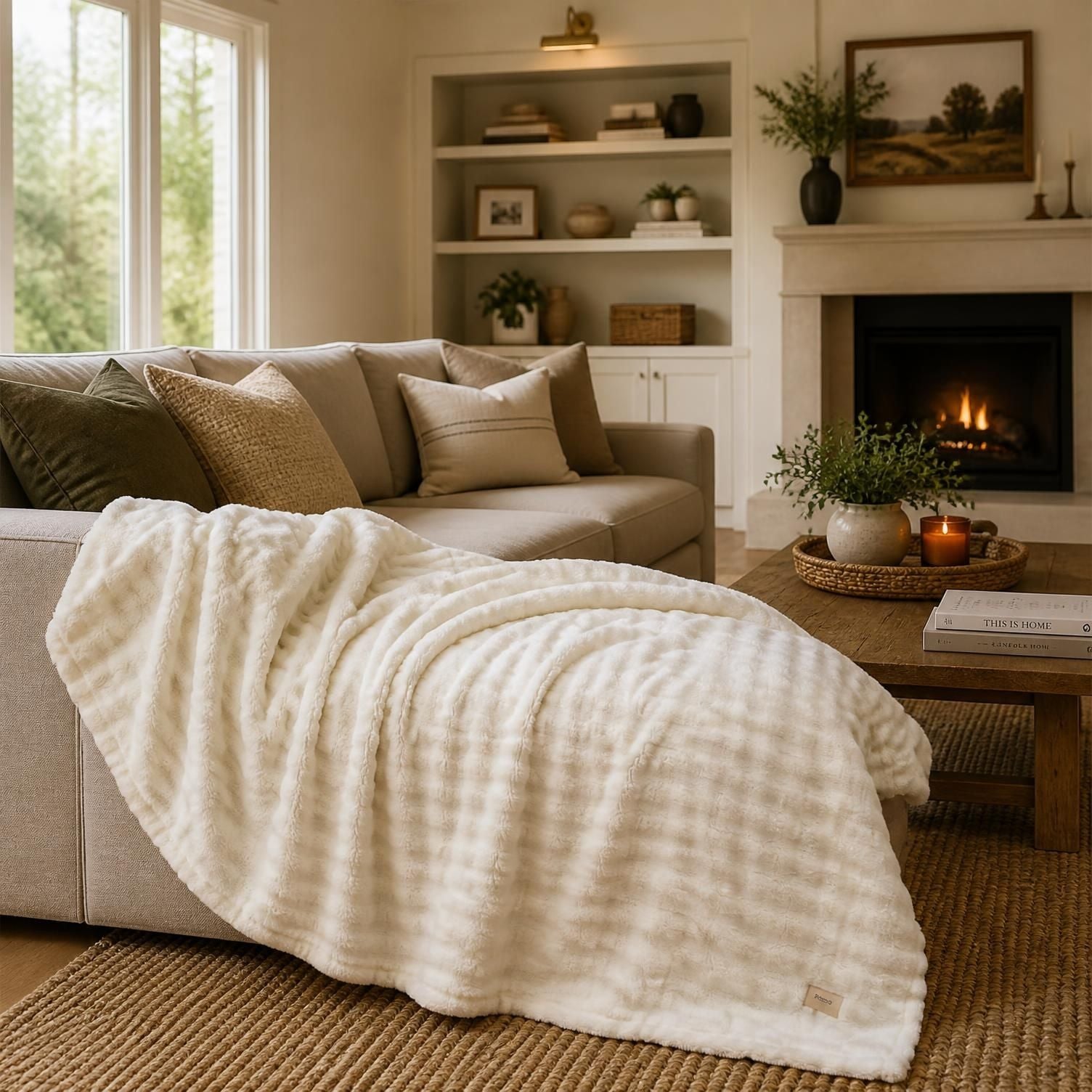 50x60 Off-White 3D Fleece Bubble Throw Blanket featuring a branded faux-leather patch