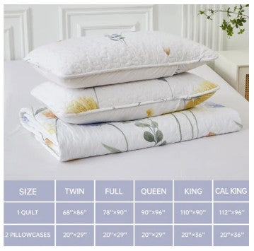 3-Piece Queen Floral Quilt Set, Lightweight Reversible Farmhouse Coverlet with 2 Pillow Shams - floral quilt set for farmhouse decor