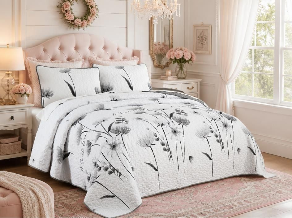 3-Piece Queen Floral Quilt Set, Lightweight Reversible Farmhouse Coverlet with 2 Pillow Shams - all-season botanical bedding