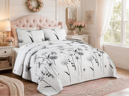 3-Piece Queen Floral Quilt Set, Lightweight Reversible Farmhouse Coverlet with 2 Pillow Shams - all-season botanical bedding