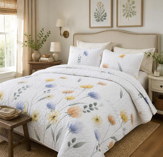 3-Piece Queen Floral Quilt Set, Lightweight Reversible Farmhouse Coverlet with 2 Pillow Shams - queen floral quilt set on a farmhouse bed